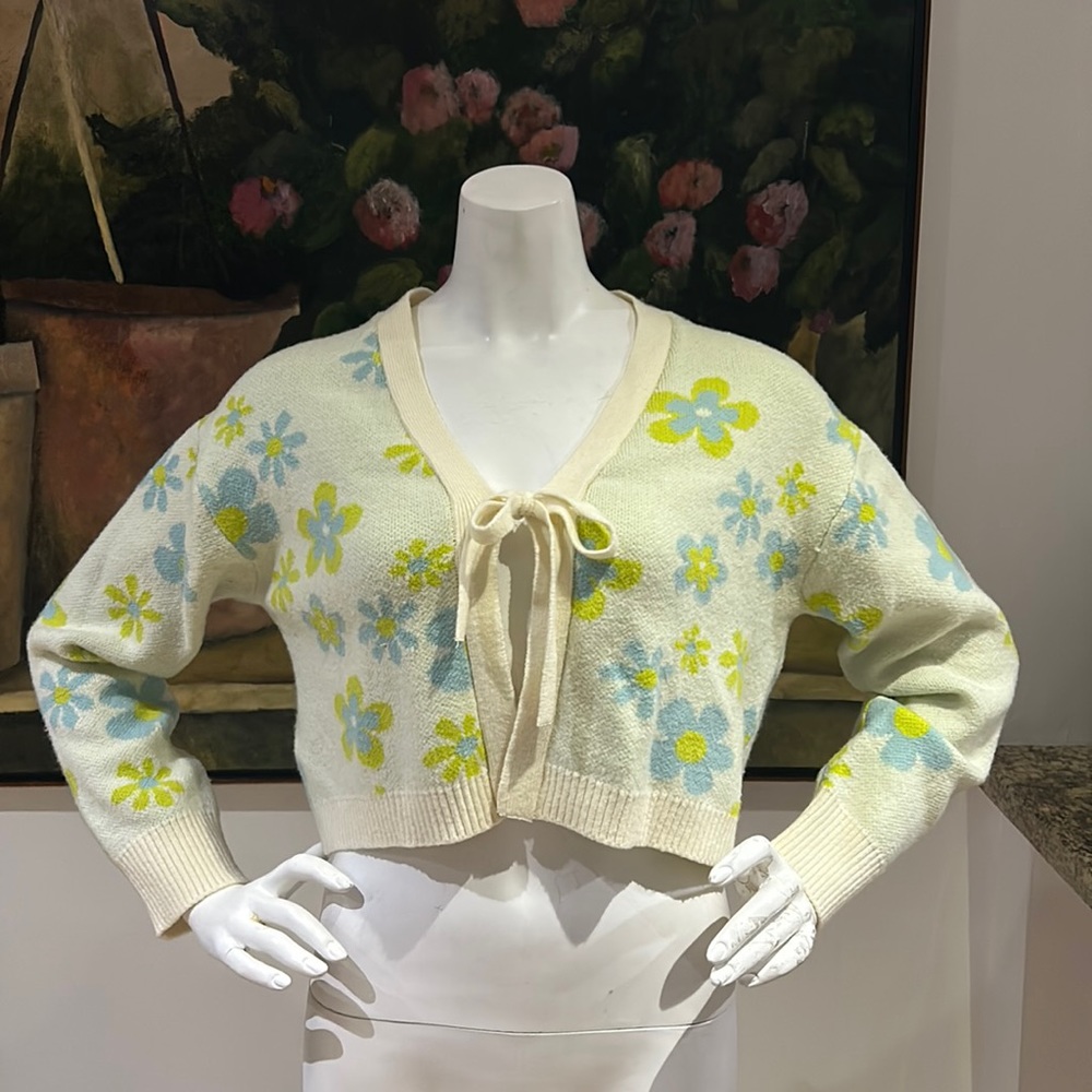 Floral Tie-Front Cropped Cardigan Sweater - Cream with Blue & Yellow Flowers